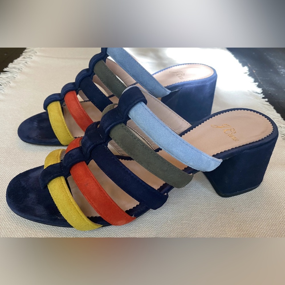 J. Crew Strappy Slide Sandals Heels in Suede Navy Multi Sz 7.5 With Box